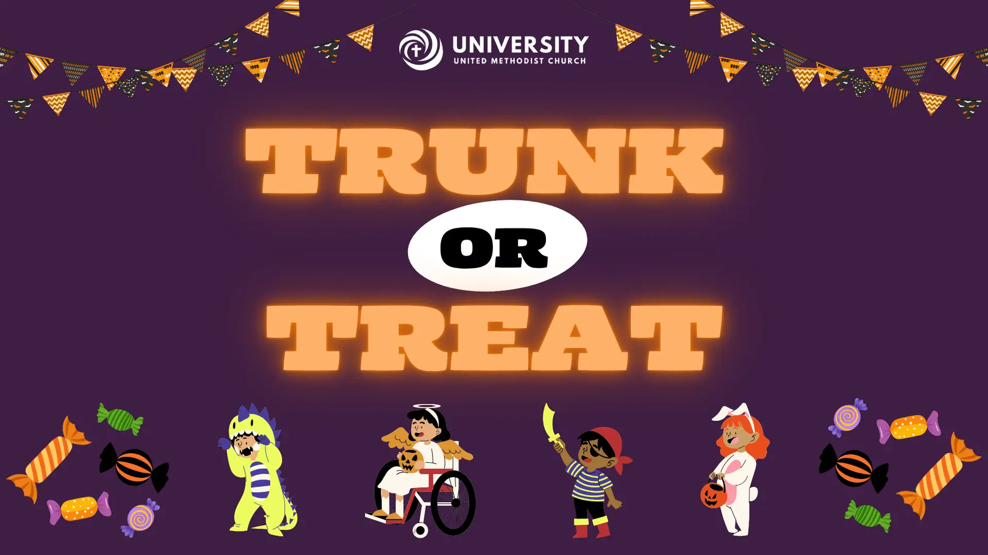Purple Halloween-themed graphic with Trunk or Treat in large orange letters, children in costumes, candy, festive bunting, and University United Methodist Church logo at the top.